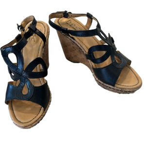 b.ø.c Born Concept Cork Platform Wedge Sandals Black Leather Buckle Women Sz 8